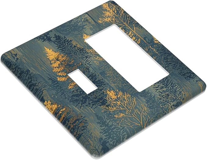 Decorative Toggle Switch Cover Plate with Golden Trees & Abstract Gradient Forest Landscape Design 2-Gang 1-Gang Standard Wall Plate Light Switch Cover for Blue Retro Home Decor