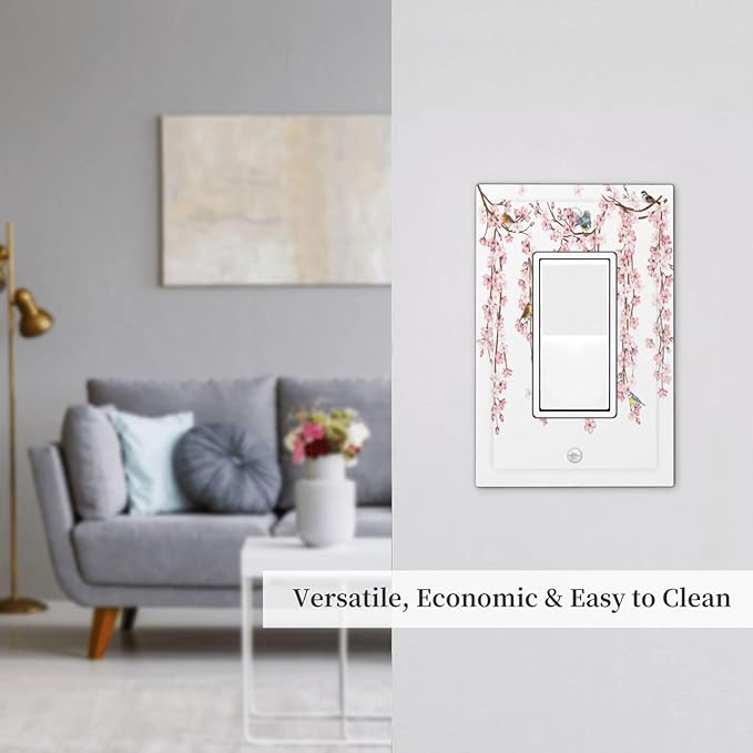 Pink Cherry Blossom Flower Vine Floral Tree Branch Birds Decorative Outlet Covers 1 Gang Single Rocker Light Switch Cover Plate Wall Plates GFCI Faceplate for Bedroom Living Room Decor