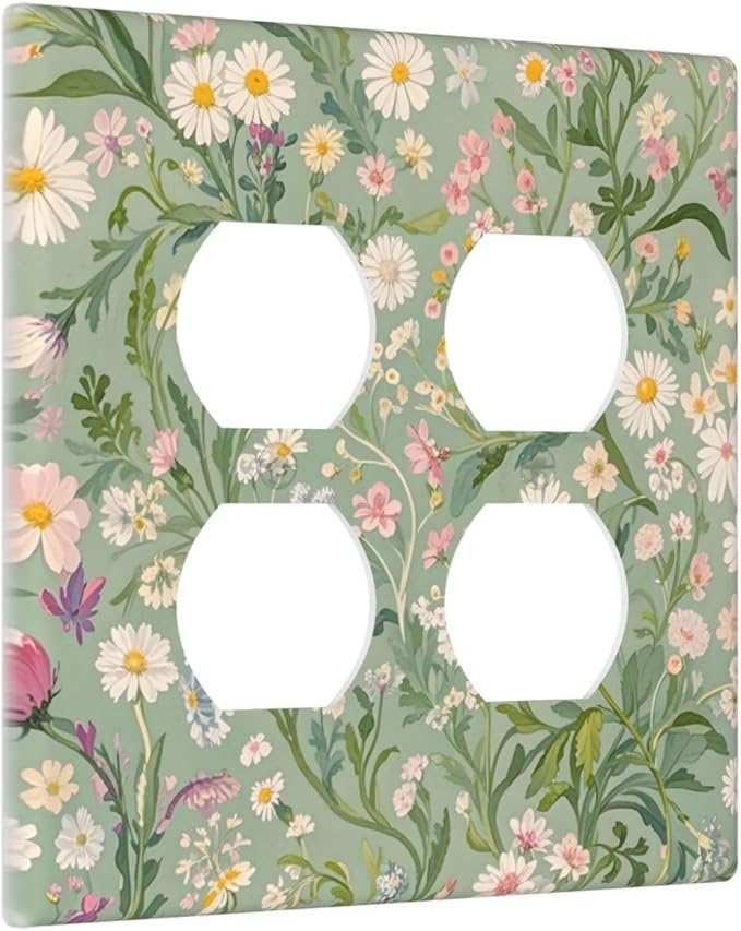 Decorative Outlet Covers with Vintage Wildflowers & Daisies on Light Green Background Design 2 Gang Wall Plate Double Duplex Receptacle Light Switch Cover Switch Plate Cover