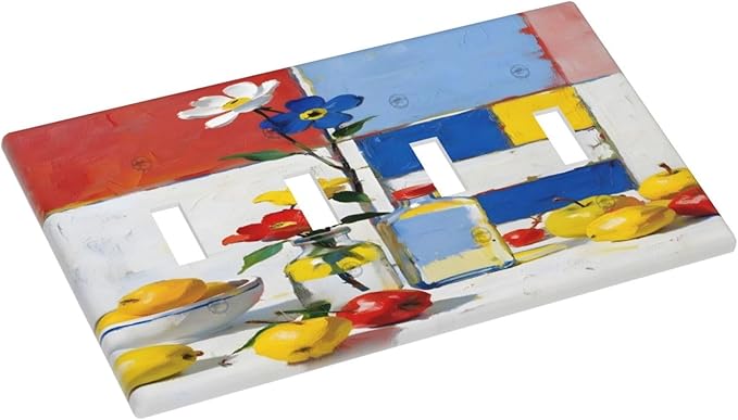 Color Block Floral Still Life Art Red Yellow Blue Abstract Light Switch Covers Quad Toggle Electrical Faceplate 4 Gang Wall Plate Decorative Switch Plates Cover for Farmhouse Bedroom Decor