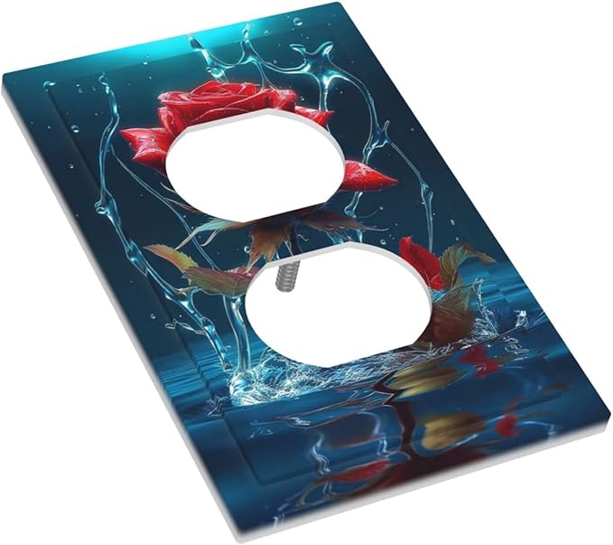 Red Rose Blue Water Drips 1 Gang Outlet Plate Covers Decorative Single Duplex Wall Plate Electrical Receptacle Light Switch Cover Art Faceplate Switchplate for Kidroom Bedroom Living Room Decor