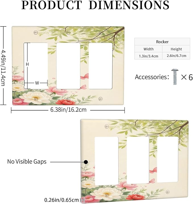 Light Switch Covers Garden Flowers Green Leaves And Butterflies 3 Gang Rocker Electrical GFCI Decorative Triple Outlet Wall Plate Cover Switchplate for Bedroom Cabin Decor