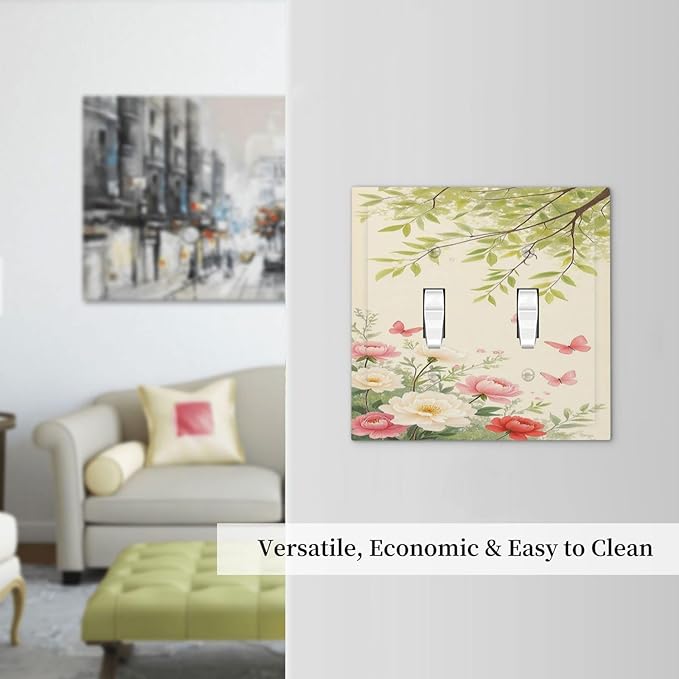 Decorative Switch Plates Garden Flowers Green Leaves And Butterflies 2 Gang Double Toggle Wall Plate Outlet Light Switch Cover Electrical Faceplate for Bedroom Cabin Decor