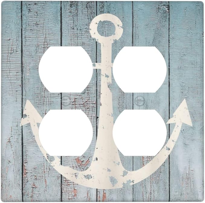 Anchor Rustic Sailing Nautical Wooden Planks Marine Outlet Covers 2 Gang Double Duplex Decorative Light Switch Covers Electrical Wallplates Socket Faceplate for Bathroom Farmhouse Decor