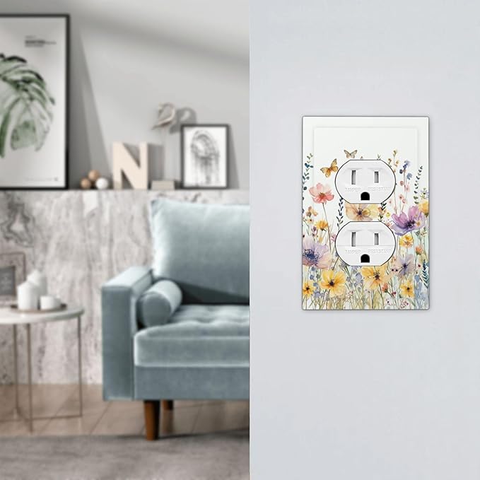 Wildflowers Colorful Flower Butterfly Floral Outlet Covers 1 Gang Duplex Light Switch Cover Decorative Switch Plates Electrical Receptacle Faceplate Wall Plate for Farmhouse Bedroom Decor