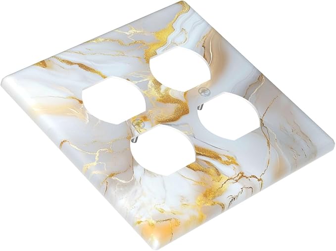 Decorative Outlet Covers Abstract Gold Marble Design with White & Gold 2 Gang Wall Plate Double Duplex Receptacle Light Switch Cover Switch Plate Cover for Modern Luxurious Decor