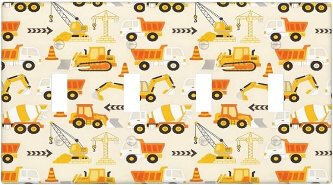 Decorative Light Switch Cover Plate Construction Vehicle Yellow Trucks Diggers 4 Gang Wall Plates for Electrical Quad Toggle Switch Plate Covers Outlet Covers Faceplate for Home Decor