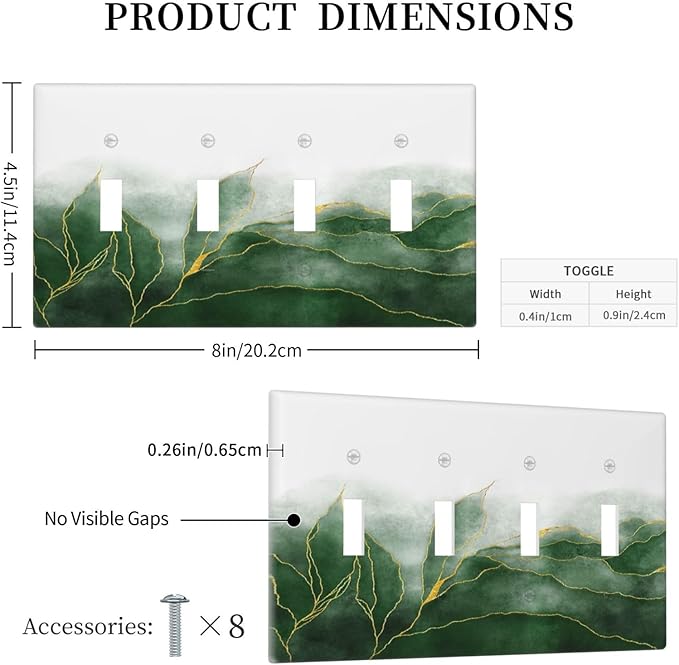 Light Switch Cover Plate Green Gold Leaf Marble Modern Abstract 4 Gang Quad Toggle Decorative Switch Plates Wall Panels Electrical Wall Plates Faceplate for Kitchen Bathroom Decor