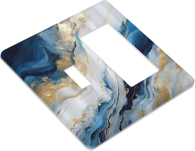 Abstract Blue Granite Luxury Watercolor Marble Texture Print 2 Gang Single Toggle Rocker Combination Light Switch Cover Unique Decorative Wall Plate Cover Electrical Faceplate Switchplate for Bedroom
