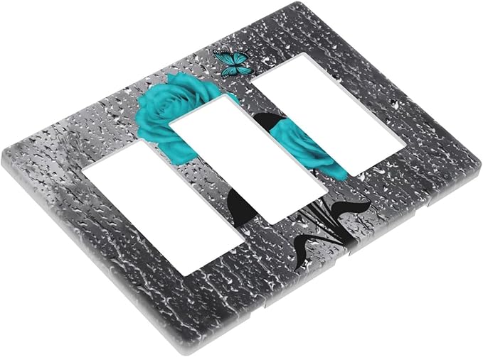 Butterfly Teal Rose Flower Floral 3 Gang Triple Rocker/Decorator Light Switch Wall Plate Cover Decorative GFCI Electrical Faceplate Switchplate Dimmer