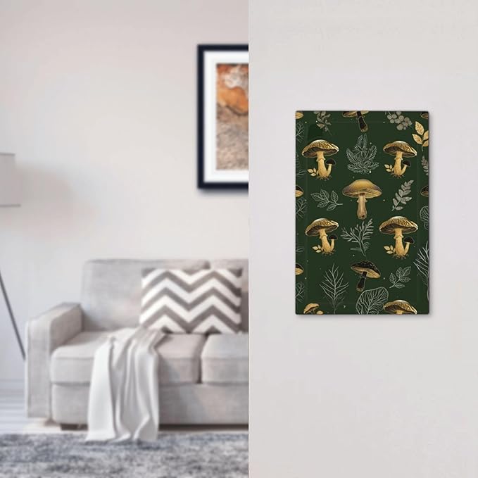 Decorative Light Switch Cover Plate Cute Gold Mushtroom Green Plant Leaf 1 Gang No Device Single Blank Outlet Covers Wall Plates for Electrical Outlets Faceplate for Bedroom Home Decor