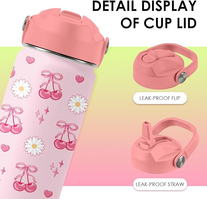 Cherry Gifts for Kids - 16oz Pink Kids Water Bottle with Straw Lid, Stainless Steel Insulated Tumbler, Leakproof, BPA-Free, for Girls, School, Travel - Cherry Lovers Children Birthday Gift Cup (1pc)