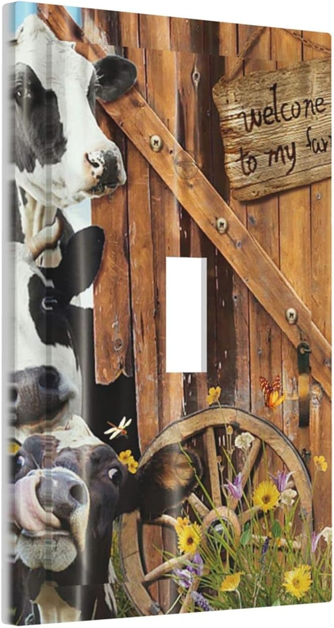 Decorative Switch Plate Covers Farm Cow Farmhouse Barn Door Rustic Vintage Wooden 1 Gang Single Toggle Light Switch Cover Jumbo Size Wall Plate Electrical Switchplate Receptacle Plug