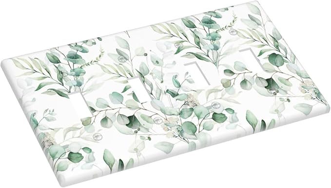 Boho Green Eucalyptus Leaf Floral Plants Flowers Light Switch Covers Quad Toggle Electrical Faceplate 4 Gang Wall Plate Decorative Switch Plates for Bed Room Living Room Decor