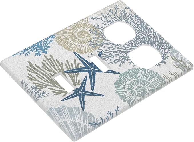 Teal Blue Nautical Beach Coral Starfish Theme Decorative 3-Gang Combination 2 Toggle 1 Duplex Wall Plate Receptacle Outlet Cover Conch Seashell Ocean Combo Device Light Switch Faceplate Cover