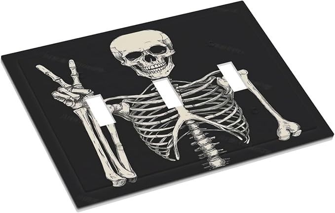 Decorative Switch Plates Skeleton Skull Boho Hippie Dark Background 3 Gang Wall Plate Triple Toggle Light Switch Cover Faceplate Electrical Wall Panels For Cabin Office Decor
