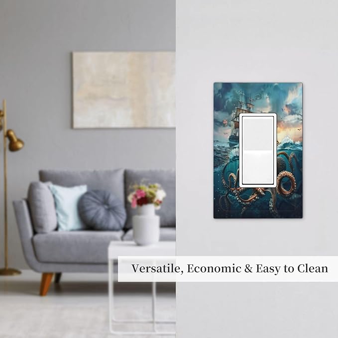 Light Switch Cover Plate Sailboat Ship Octopus Ocean Sea Waves 1 Gang Outlet Covers Single Rocker Decorative Switch plates Electrical Wall Plates GFCI Receptacle for Bathroom Bedroom Decor