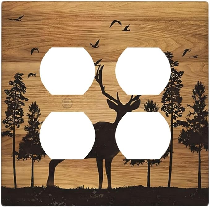Elk Moose Forest Hunting Pyrography Art Wood Texture Print Outlet Covers 2 Gang Double Duplex Decorative Light Switch Covers Electrical Wallplates Socket Faceplate for Farmhouse Bedroom Decor