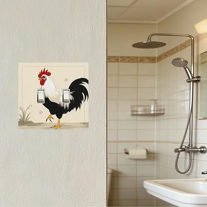 Watercolor Rooster Double Toggle Switch Cover - 2-Gang Standard US Size Farmhouse Rooster Light Switch Covers for Kitchen Living Room Dining Room Decor