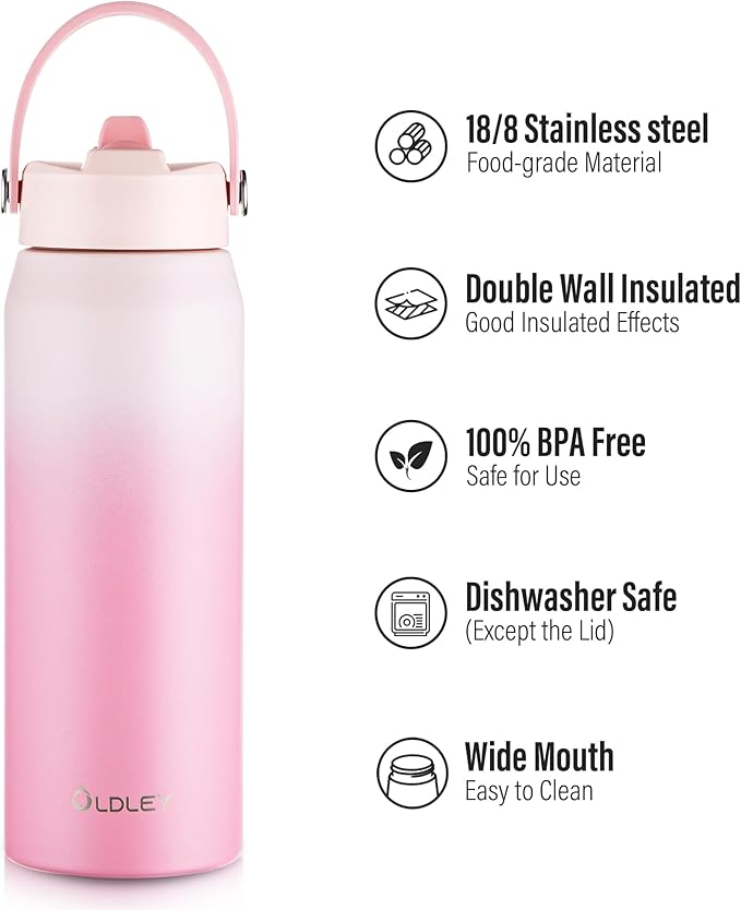 Oldley 24oz Insulated Water Bottle with Straw, Stainless Steel Water Bottle for Sports, Travel, School, BPA-Free Sports Bottles for Adult Kids, Leak-Proof, Pink-Red