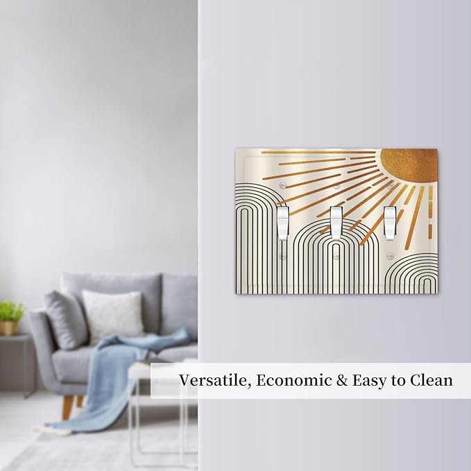 Mid Century Beige Boho Abstract Sun Vintage Arch 3 Gang Light Switch Covers Decorative Triple Toggle Wall Plate Electrical Faceplate Switchplate for Country Bathroom Bedroom Home Decor