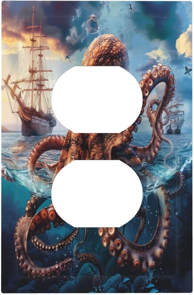 Decorative Outlet Covers Deep Ocean Octopus Sailboat Sea Monster 1 Gang Duplex Light Switch Cover Plate Electrical Switch plates WallPlates Socket Covers for Bathroom Bedroom Decor