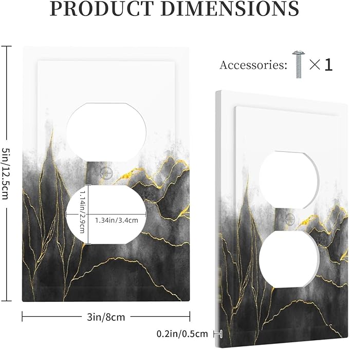 Outlet Covers Black And Gold Marble White Golden Leaves 1 Gang Duplex Electrical Receptacle Faceplate Light Switch Cover Wall Plate Decorative Switch Plates for Bedroom living Room Decor