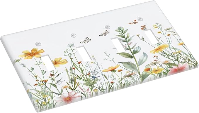 Light Switch Cover Plate Rustic Colorful Floral Butterfly Watercolor Flowers 4 Gang Quad Toggle Decorative Switch Plates Wall Panels Electrical Wall Plates Faceplate for Bathroom Bedroom Decor