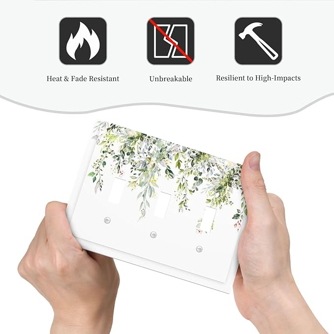 Decorative Switch Plates Green Eucalyptus Leaves Floral Wildflower 3 Gang Wall Plate Triple Toggle Light Switch Cover Faceplate Electrical Wall Panels For Bed Room Living Room Decor