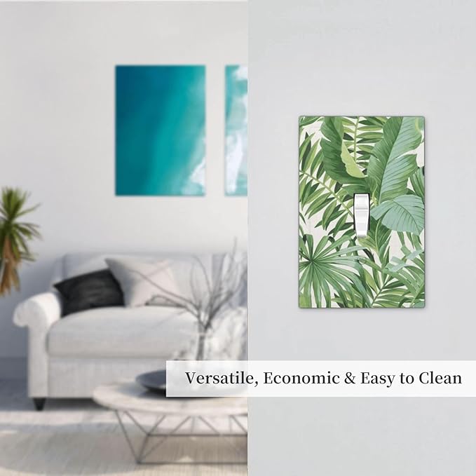 Green Tropical Palm Leaves Decorative Single Toggle Decorator Light Switch Cover Plate 1-Gang Summer Nature Hawaiian Plant Greenery Banana Leaf Electrical Receptacle Face Outlet Plug Wall Plate Cover
