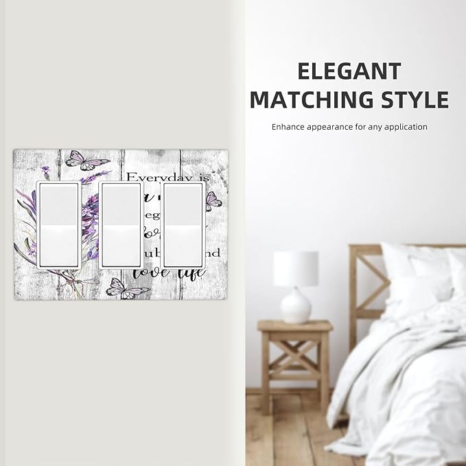 Light Switch Cover Purple Lavender Flower Butterfly on Wood Plank 3 Gang Wall Plate Triple Light Switch Plate Inspirational quotation Floral Rocker GFCI Outlet Covers Decorative Receptacle Cover