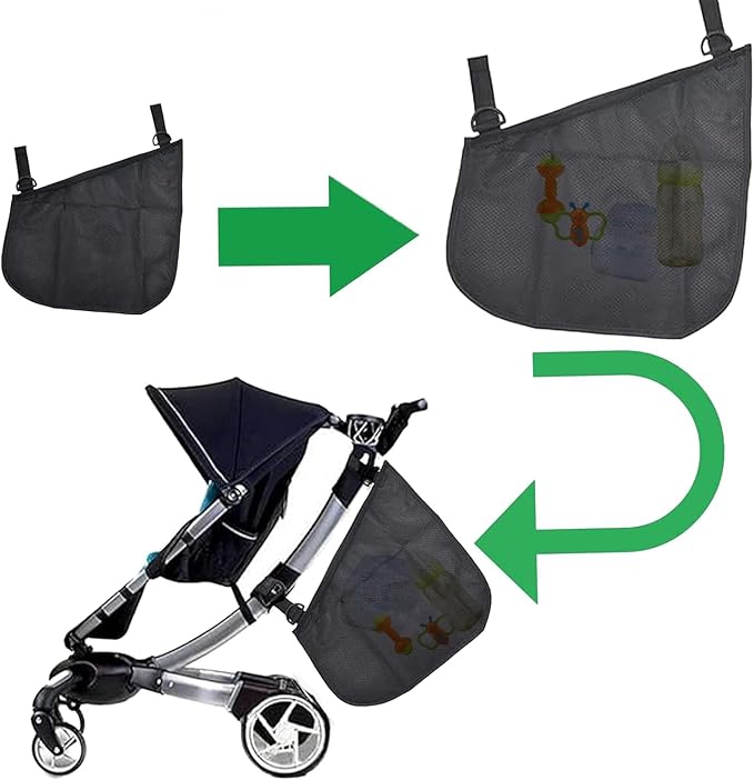 2 Pack Universal Side Sling Stroller Mesh Cargo Net with Non-Slip and Adjustable Straps Side Sling Stroller Mesh Cargo Organizer for Extra Stroller Storage Space