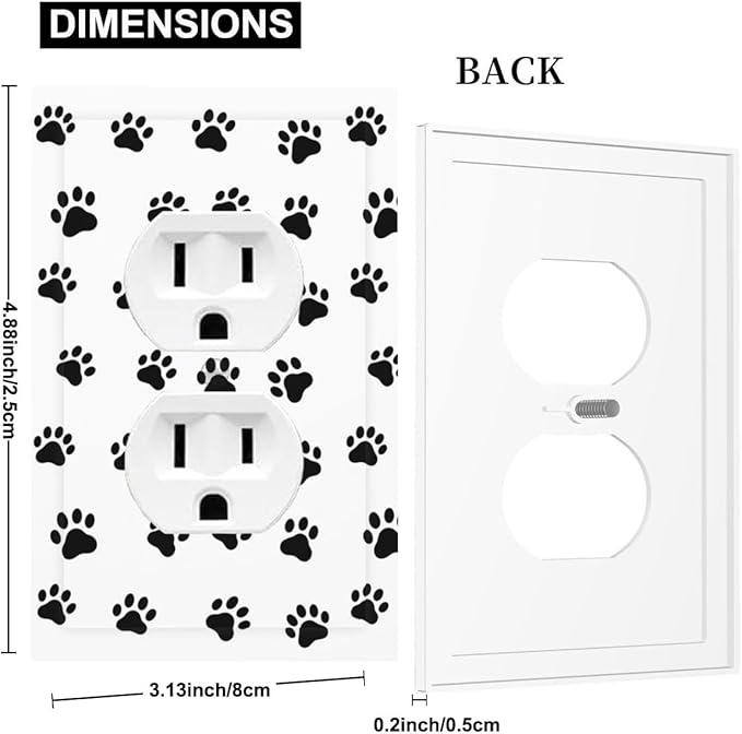 Black and White Dog Paw Print Duplex Wall Plate - 1-Gang Standard US Size Puppy Paws Pattern Outlet Covers for Pet Lover's Home Decor