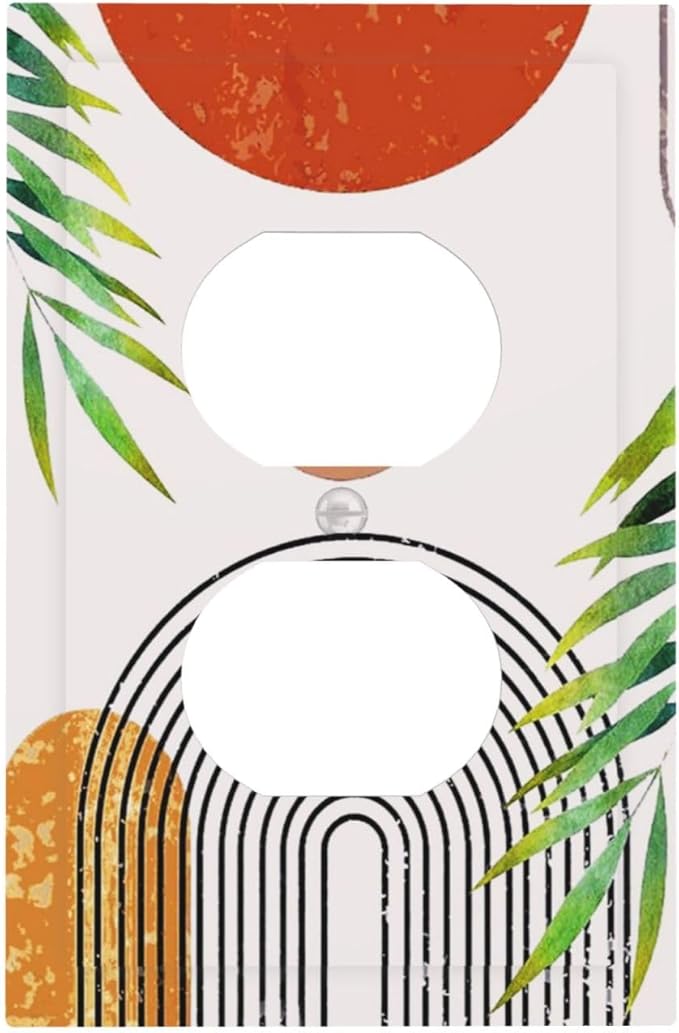 Orange Abstract Boho Modern Mid Century 1 Gang Duplex Wall Plate Receptacle Outlet Covers Bohemian Geometric Sun Arch Leaves Decorative Electrical Dual Device Light Switch Plug Socket Faceplate Cover