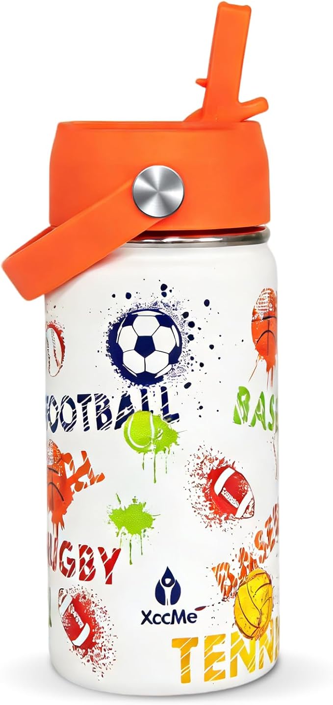 14oz Sports Ball Kids Water Bottle With Straw Lid,Stainless Steel Water Bottle,Double Wall Leak Proof & BPA-Free Kids Cup,Insulated Metal Bottle for Toddlers,School Boys Girls