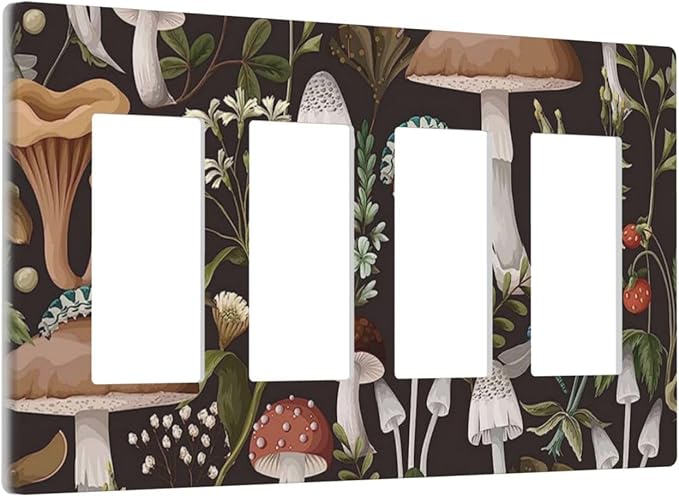 Vintage Boho Hippie Plant Mushroom 4 Gang Quad Rocker Light Switch Cover Plate Decorative Electric Faceplate Switchplate Living Room Bedroom Decorate Jumbo Screwless