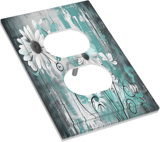 Outlet Covers Teal Daisy Floral Vintage Wood Plank 1 Gang Duplex Light Switch Cover Decorative Switch Plates Electrical Receptacle Faceplate Wall Plate For Farmhouse Cabin Decor