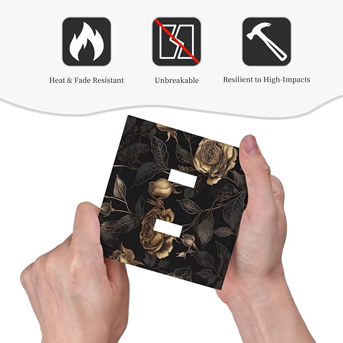 Black Floral Dark Vintage Gold Rose Flower Decorative Switch Plates 2 Gang Double Toggle Outlet Light Switch Cover Wall Plate Electrical Faceplate for Bedroom Living Room Decor