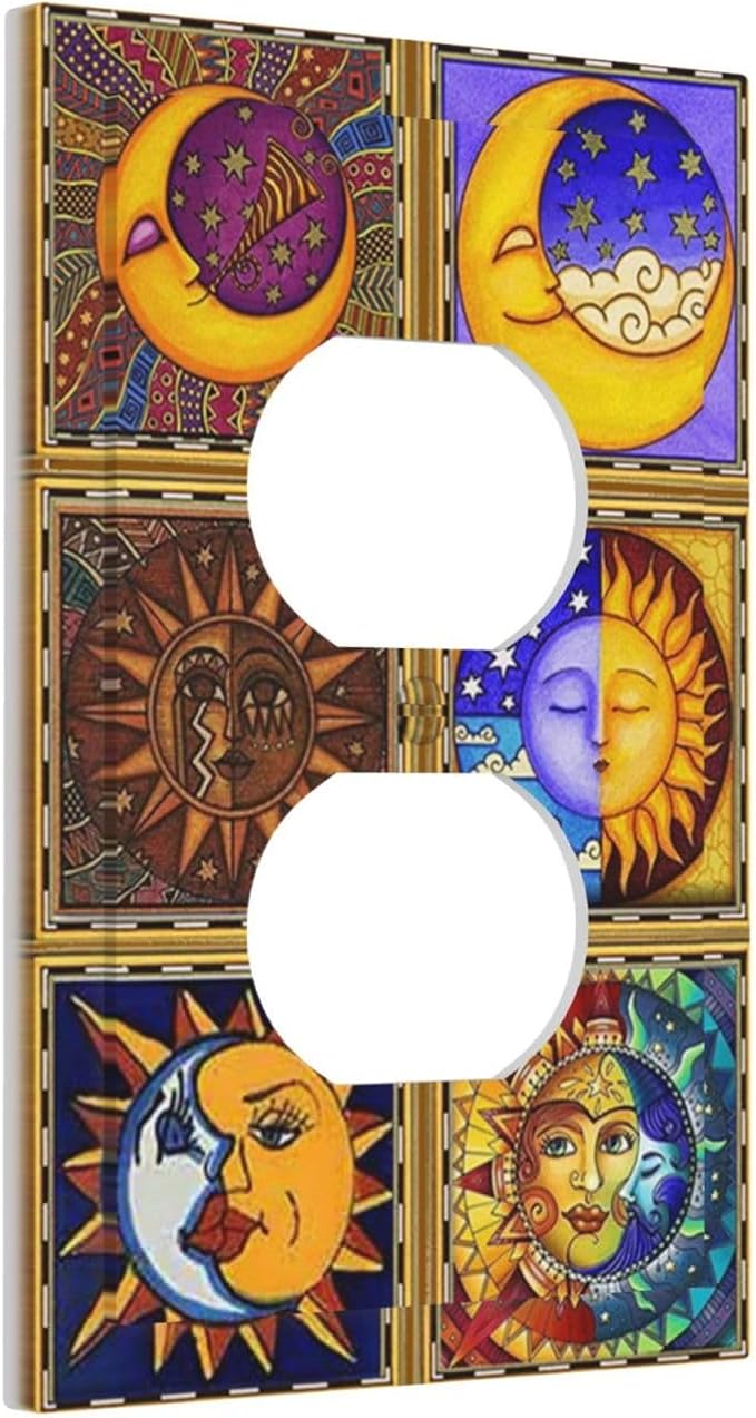Mexican Talavera Tiles Star Pattern Celestials Theme Print Outlet Covers 1 Gang Duplex Light Switch Cover Decorative Switch Plates Electrical Receptacle Faceplate Wall Plate for Kitchen Home Decor