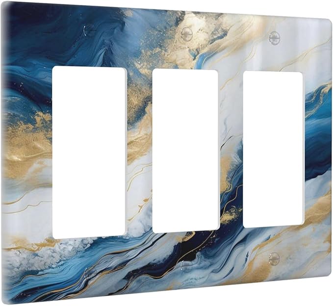 Abstract Blue Granite Luxury Watercolor Marble Texture Print 3 Gang Rocker Light Switch Covers Decorative Unique Triple Outlet Wall Plate Cover Faceplate Decorative Switchplate GFCI for Kitchen