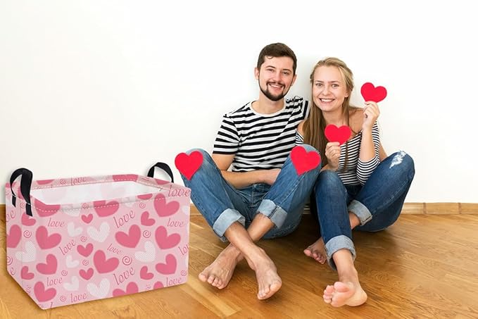 Essme Rectangular Valentine's Day Basket,Pink Heart Storage Bins Organizer with Handles for Girls Room Decor, Gift Basket,Shelf Basket.(Pink love heart)