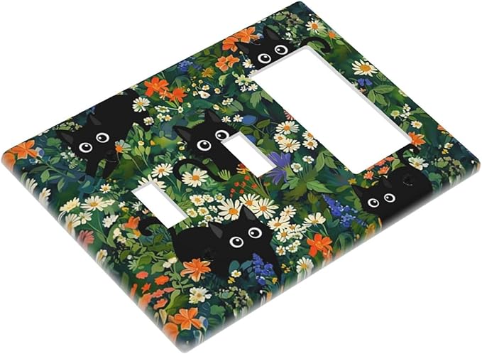 Black Boho Green Leaves Floral 3-Gang 2-Toggle 1-GFCI/Decorator Combination Light Switch Decorative Triple Combo Device Switches/Rocker Outlet Covers and Wall Plate