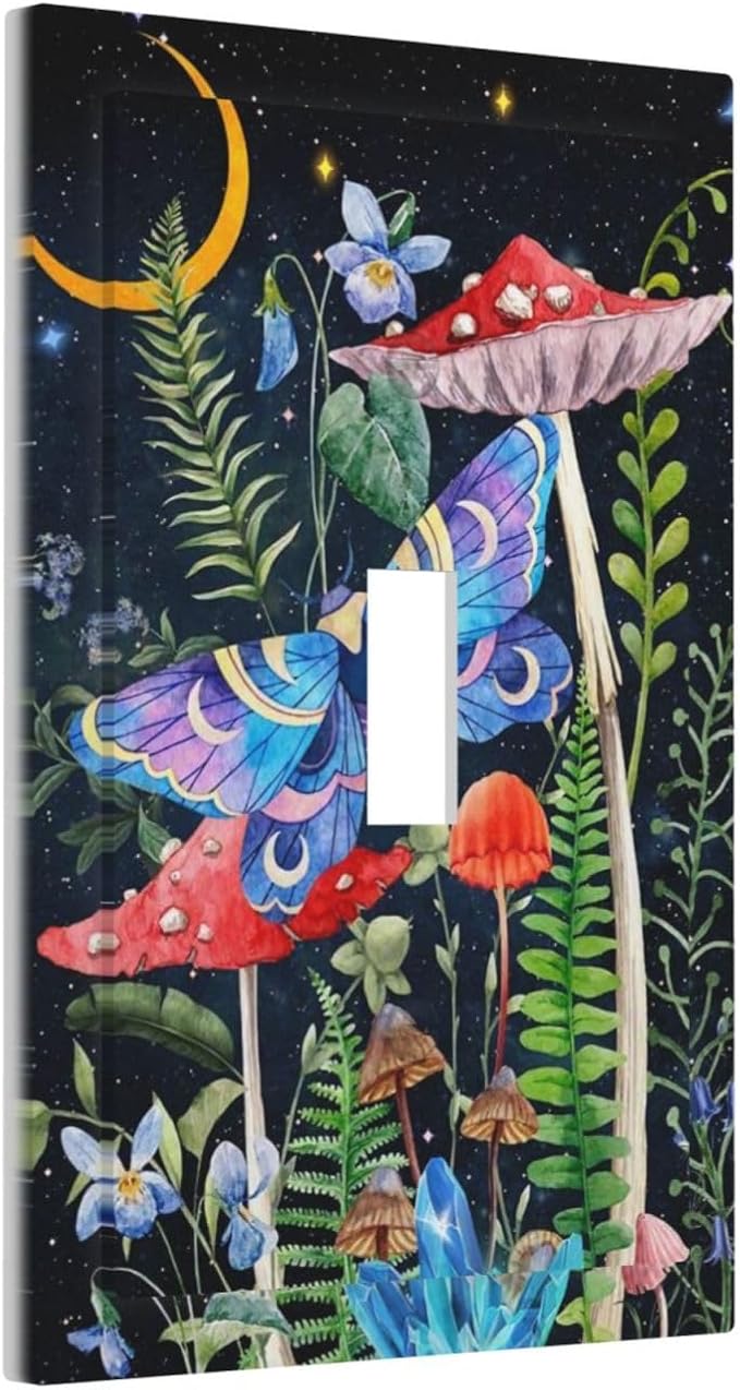 Gothic Moth Mushroom 1-Gang Outlet Light Switch Cover Decorative Single Toggle Face Wall Plate Starry Moon Floral Night Butterfly Boho Aesthetic Art Botanical Electrical Receptacle Cover Midway Size