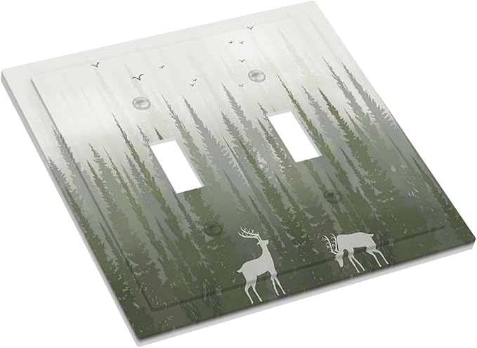Green Pine Tree Deer Country forest Bird Nature Mist Decorative Switch Plates 2 Gang Double Toggle Wall Plate Electrical Faceplate Outlet Light Switch Cover for Bedroom Home Decor