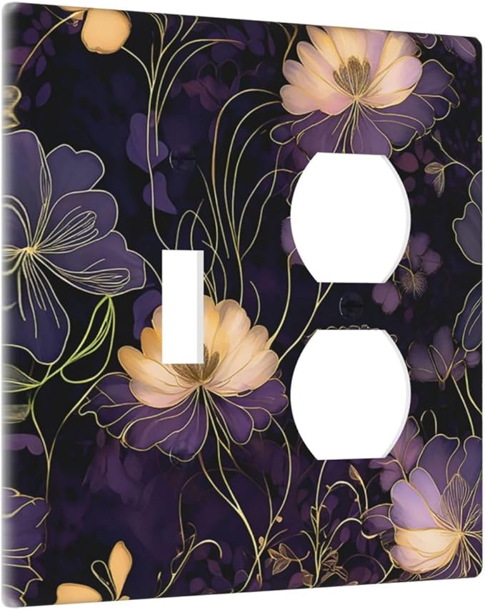 Modern Boho Vintage Gold Purple Dark Floral Modern Abstract Flowers Wallplates 1 Toggle 1 Duplex Electrical Gfci Faceplate Decorative Light Switch Covers Switch Plate for Bedroom Living Room Decor