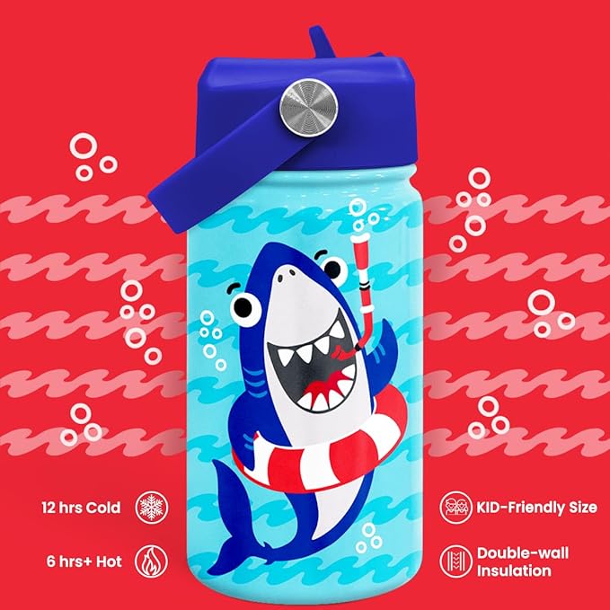 SANDJEST Shark Water Bottle - Kids Water Bottle with Straw Lid - 12 Oz Insulated Stainless Steel Water Bottles for Toddlers Kid Boys - Travel Cup for School Sports