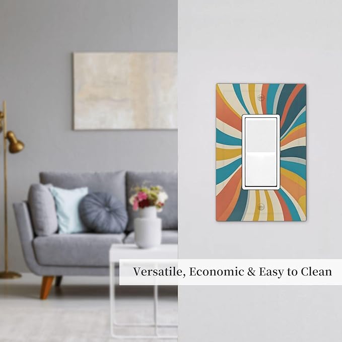 Decorative Light Switch Cover Plate with Retro Mid-Century Modern Sunburst Motif Design 1 Gang Rocker Outlet Covers Single Decora Gfci Device Wall Plate for Abstract Teal/Yellow/Orange Wall