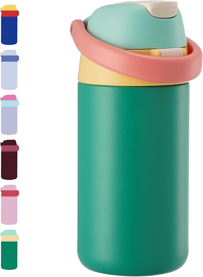 12 oz Water Bottle Insulated, 304 Stainless Steel Insulated Kids Water Bottle with Straw, 2-in-1 Lid Toddler Cups for School Boys Girls, BPA-Free, Leak-Proof, Great for Sport, Travel, Gift, Forest