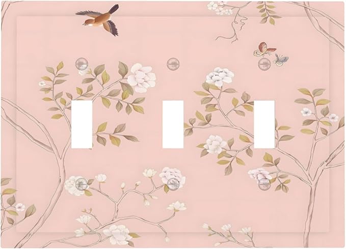 Pink Background Flowers Bird Butterflies Floral Decorative Switch Plates 3 Gang Wall Plate Triple Toggle Light Switch Cover Faceplate Electrical Wall Panels for Bedroom Living Room Decor