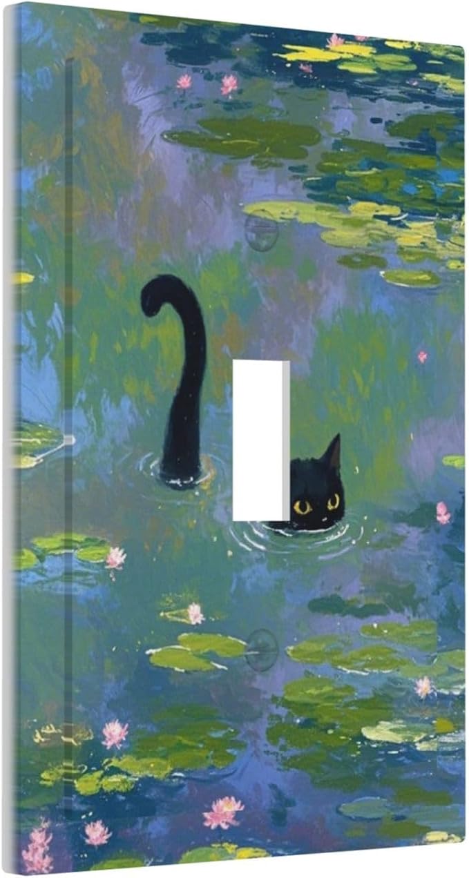 Light Switch Cover Plate Cute Black Cat Water Lily Pond Watercolor 1 Gang Single Toggle Decorative Switch Plates Wall Plates Electrical Faceplate Socket Covers for Kids Room Nursery Decor